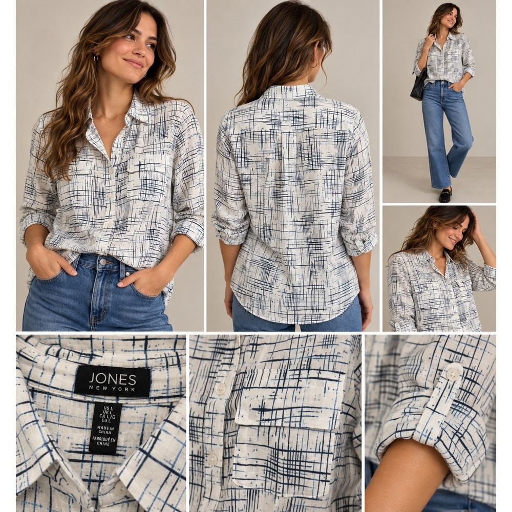 Jones New York Womens Blue White Abstract Grid Linen Blend Roll Tab Shirt L